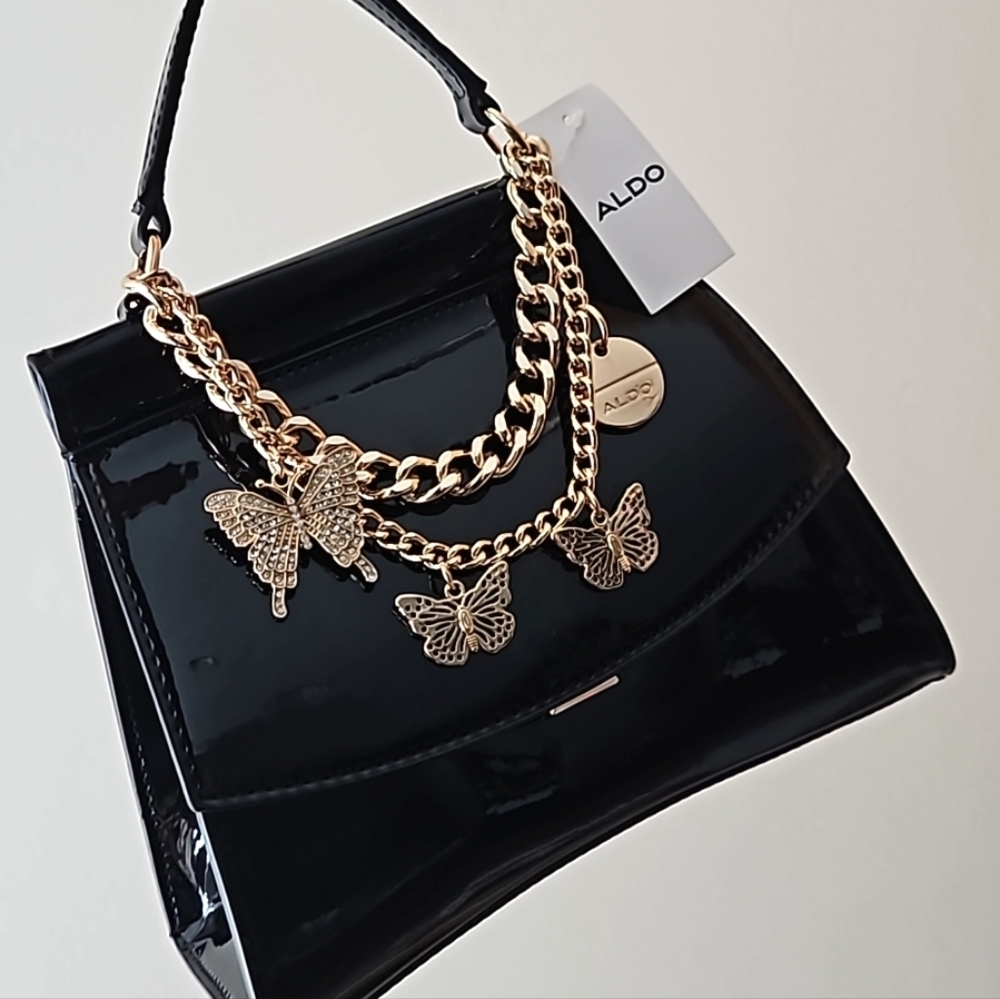 NEW! ALDO Patent Handbag Removeable Strap Gold Butterfly Charm Accents. - Picture 2 of 8